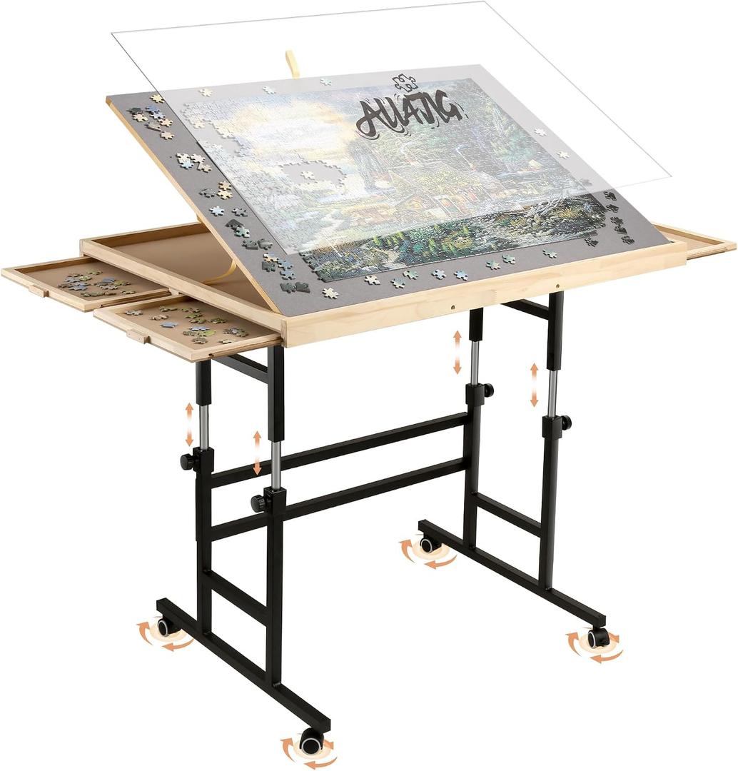ALL4JIG 1500 Piece Puzzle Table with Legs, 24.53"x33.19"Adjustable Puzzle Table, 3-Tilting-Angle Portable Wooden Puzzle Board with 4 Drawers&Cover,Drafting&Laptop Table for Couch,for Bricks Building, Medium-1500