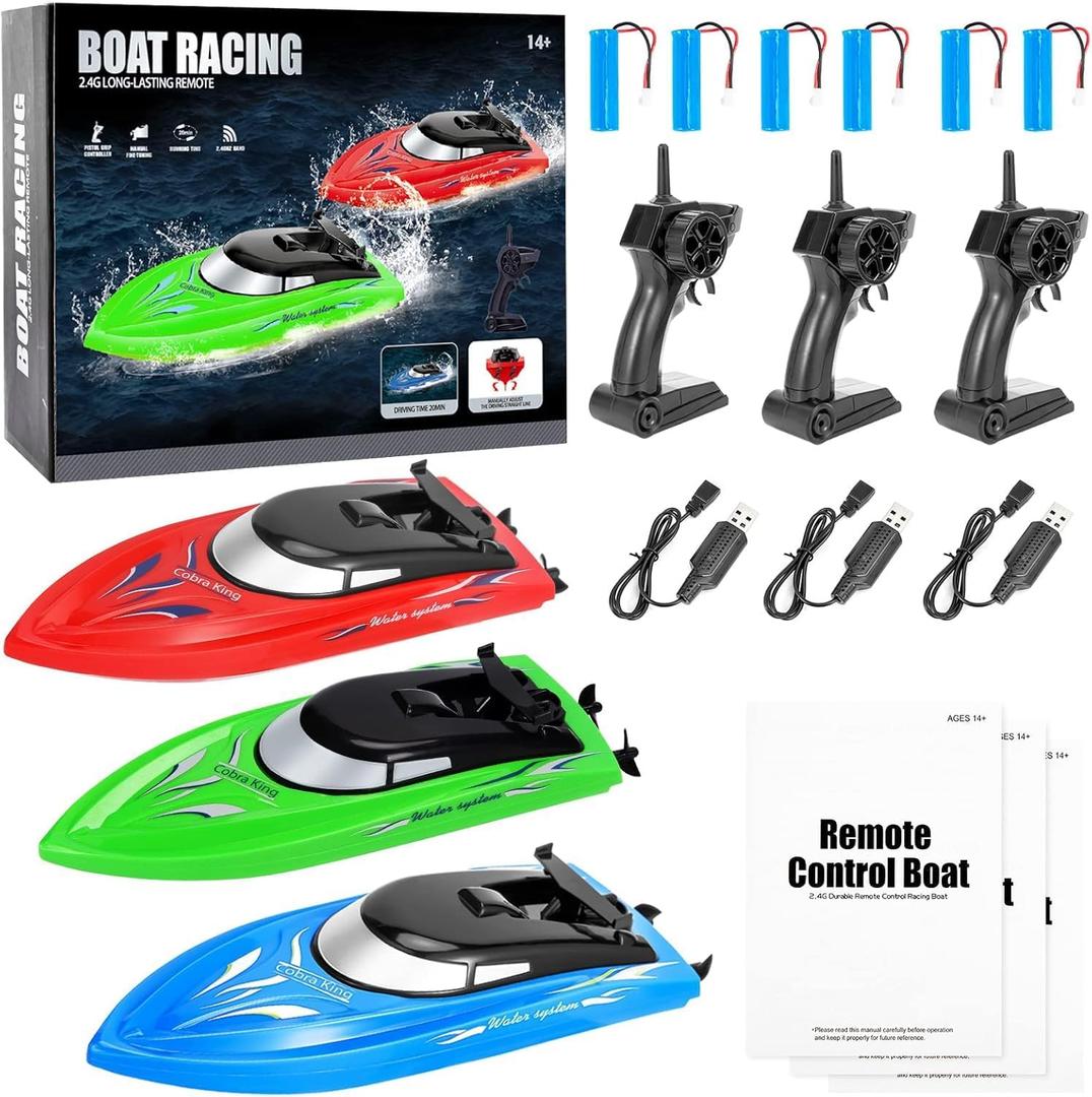 3PACK Remote Control Boat, Rc Boat for Kids, Whole Body Waterproof, 6 Rechargeable Batteries Summer Water Toys for Pools Lakes River & Bathtub. (Blue Red Green)
