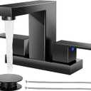 Cobbe Bathroom Faucets for Sink 3 Hole, Matte Black Bathroom Sink Faucet Square 4 Inch Centerset with Pop-Up Drain, 2 Handle and 2 Supply Hoses, Lead-Free Stainless Steel for Vanity, Rv, Farmhouse