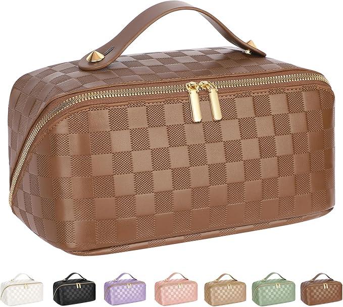 Large Capacity Travel Cosmetic Bag  Portable Makeup Bags for Women Waterproof PU Leather Checkered Makeup Organizer Bag with Dividers and Handle,Toiletry Bag for Cosmetics, Brown