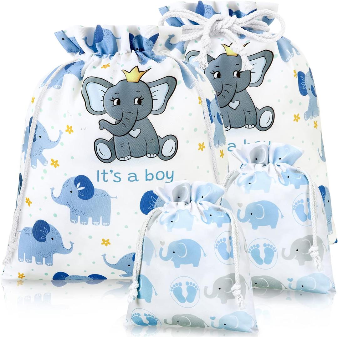 Sadnyy 4 Pcs Large Baby Shower Drawstring Gift Bags for Boy Reusable Fabric Wrap Bags 20 Inch Large 12 Inch Medium Elephants Treat Sacks for Baby Shower Child's Birthday Gender Reveal Party