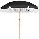 AMMSUN 7ft Patio Umbrella with Fringe Outdoor Tassel Umbrella UPF50+ Premium Steel Pole and Steel Ribs Push Button Tilt, Black