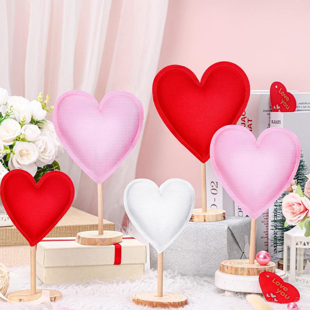 Bucherry 5 Pcs Valentine's Day Tall Standing Fabric Heart Block Set Valentines Heart Decorations Tabletop Centerpiece Decor Wooden Table Decor for Party Valentine Day Wedding Home(Red, Pink)