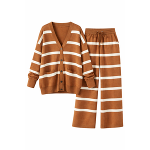 Womens Oversized Striped 2 Piece Sets Button Up Cardigan and Wide Leg Pants with Pockets Fall Pajama Outfit, XL 