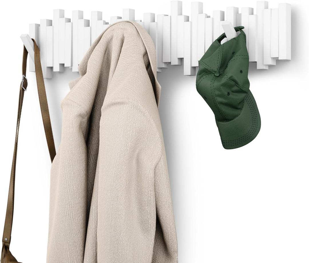 Umbra Sticks Wall-Mounted Coat Rack Rail Hook with 8 Retractable Pegs – Modern, Space-Saving Storage Organizer, White
