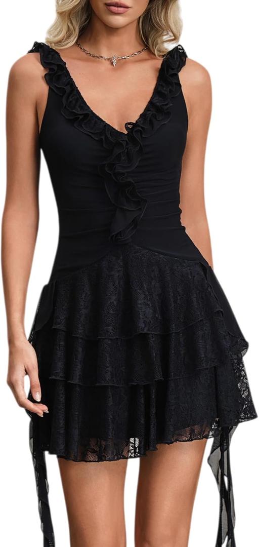 Women's Western Sleeveless Dress V Neck Cowgirl Lace Tiered Layered Music Festival Mini Dresses (Black, S)