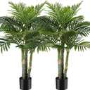 AnTing 4FT Artificial Golden Cane Palm Tree 15Leaves Faux Triple Tropical Palm Plants with Pot for Gift Home Office Decor Green (Set of 2)