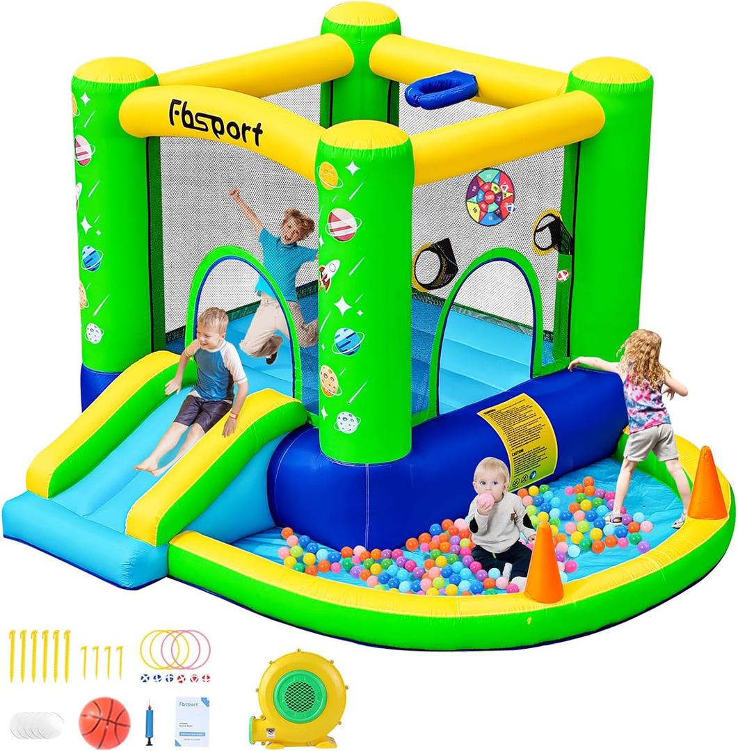 FBSPORT Inflatable Bounce House, Kids Bounce Castle Slide for Indoor Outdoor, Toddler Baby Jumper Bouncer, Kids Jumping Bouncy House with Blower, Ball Pit Pool, Basketball Hoop, Dart Game, Green