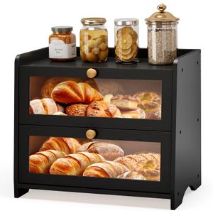 Double Layer Bread Box for Kitchen Countertop, Large Breadbox Bread with Windows, Wooden Farmhouse Bread Holder (Black)