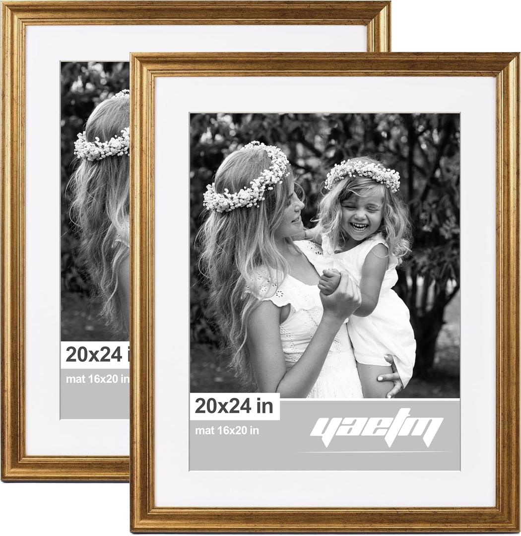 Yaetm 20x24 Gold Picture Frame Matted to 16x20 Set of 2, 1.4 Wide Molding & Rustic Gold Frames for Wall Gallery, Home and Office, Wall Mounting, 2 Pack