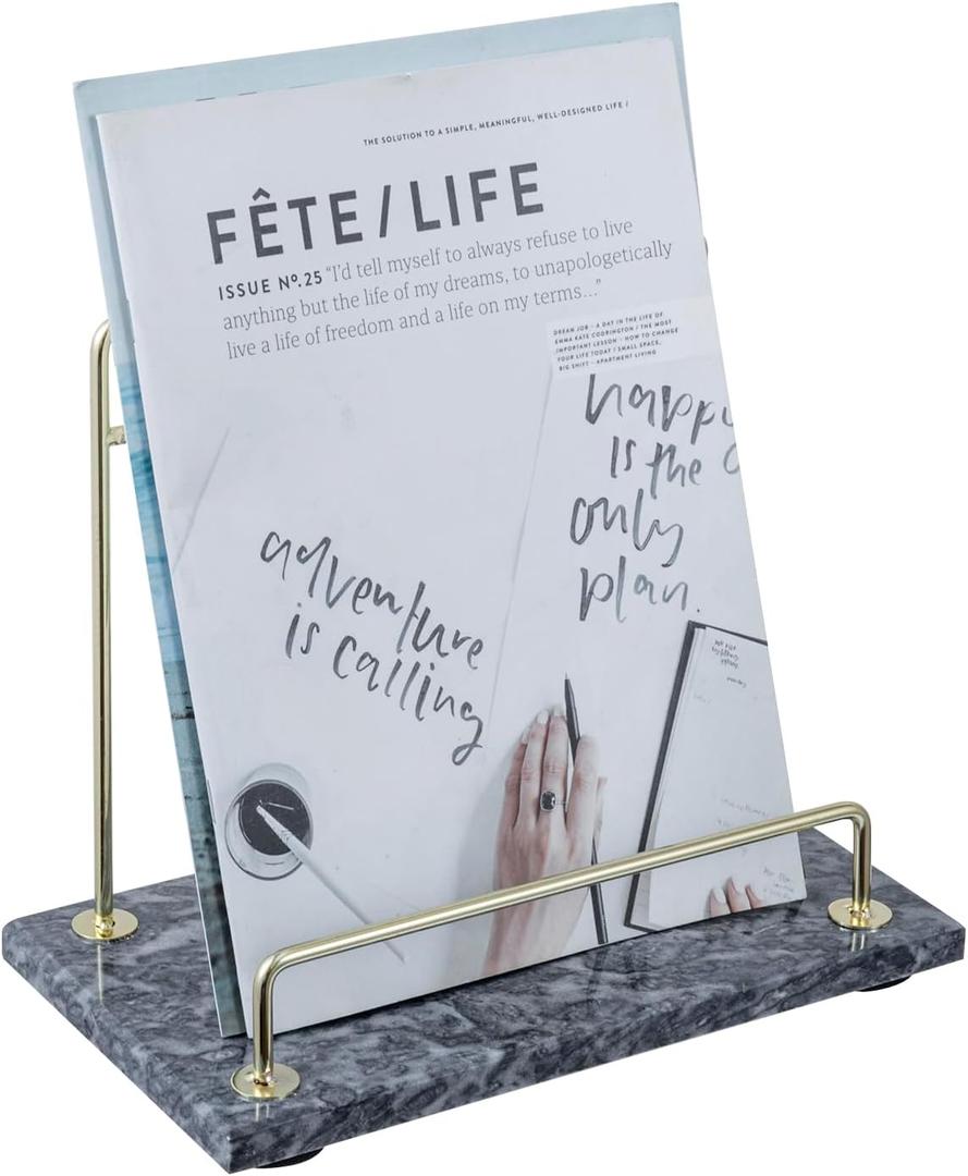 MyGift Modern Black Marble Cookbook Stand, Kitchen Countertop Recipe Holder Stand with Brass Tone Metal Rail