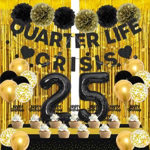 25th Birthday Party Decorations for Women - Black "Quarter Life Crisis" Banner, Number 25 Balloons, Cupcake Toppers, Tablecloth and Tissue Pom Poms - Chic 25th Party Supplies (Black&Gold)
