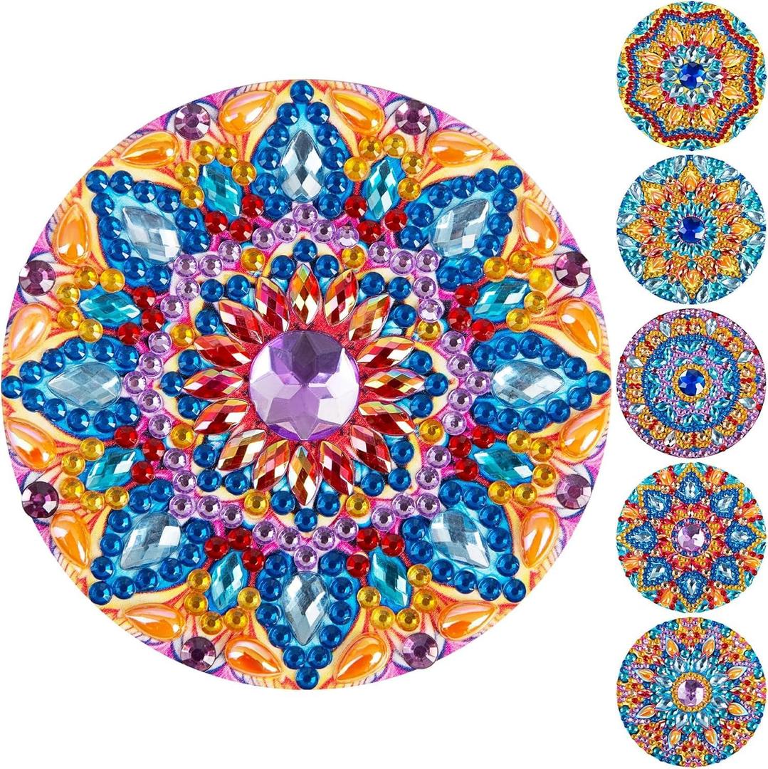 Diamond Art Coasters Kit Set of 6 - DIY Mandala Craft with Big 3D Gems and Small Crystals - Diamond Painting Kits for Beginners, Adults and Kids - Gem Arts Crafts Supplies for Solo or Duo Projects
