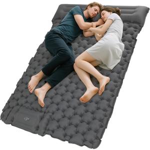 KingCamp Sleeping Pad for Camping, Ultralight Connectable Inflatable Sleeping Pad Camping Mattress with 6.3" Built-in Pillow & Foot Pump for Backpacking Hiking Tent Cot, Double Grey 
