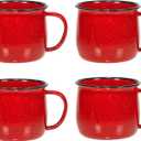Red Co. Set of 4 Enamelware Metal 12 Oz Round Camping Coffee Mugs with Handle, White-Speckled Red/Black Rim