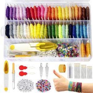 400+Pcs Friendship Bracelet String Kit String Bracelet Making Kit with 50 Skeins Embroidery Floss Cross Stitch Thread, 400Pcs Friendship Bracelet Beads, 37Pcs Embroidery Tools and Storage Box