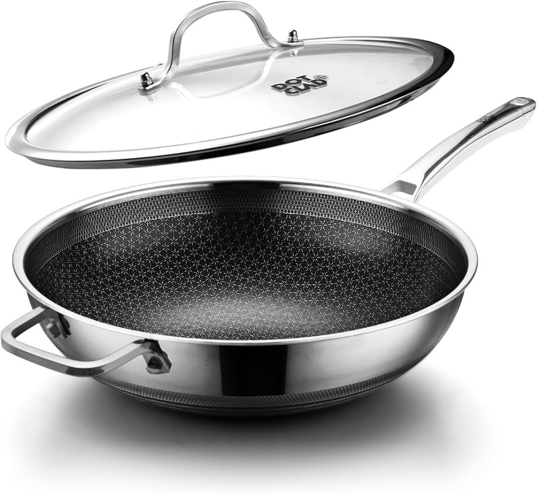 Wok pan,Hybrid 13 inch Wok with Lid, PFOA Free Cookware,non stick Stainless Steel Woks & Stir-fry pans Nonstick, Dishwasher and Oven Safe, Works on Induction (13inch)