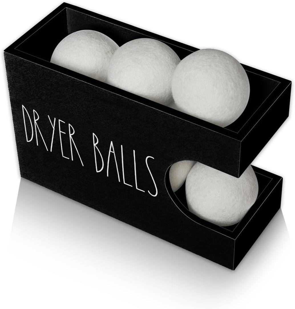 Dryer Ball Holder for Laundry Room, Dryer Balls Container Wall Mount, Wood Dryer Balls Storage Organizer, Wool Dryer Ball Dispenser Basket (Black)