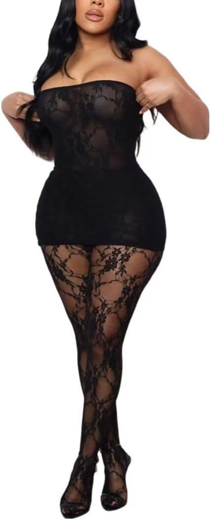 Kafiloe Sexy 2 Piece Outfits for Women Clubwear Lace Tube Mini Dress Top with Stockings Set Birthday Outfits (Small, Black)