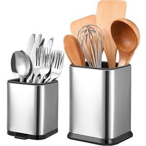 2 Pcs Kitchen Utensil Holder for Countertop Stainless Steel Utensil Caddy, Spoon Spatula Organizers with Drainage Holes Small Flatware Utensil Crock for Kitchen Counter, Silver(Square)