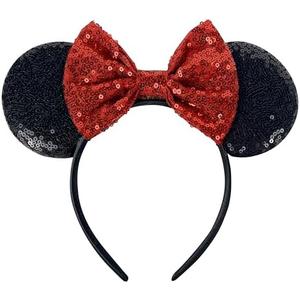 2 Pcs Foeran Mouse Ears Headbands, Sequin Mouse Ears Headband with Bow for Kids Adults Women, Accessories for Birthday Party