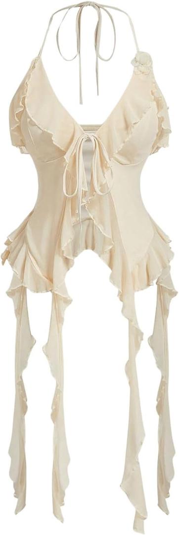 WDIRARA Women's 3D Flower Tie Front Ruffle Trim Halter Top Tie Backless Camisole (Medium, Apricot)