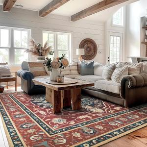 EVERGRACE Faux Wool Area Rugs 9'x 12' Boho Medallion Rugs for Living Room Indoor Outdoor Rugs for Bedroom Dining Room Entryway Kitchen Low Pile Washable Floor Mat Carpet, Terracotta