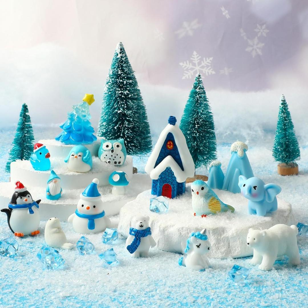 Miniature Winter Figurines, Blue Theme Simulated Ice Cubes Blue Christmas Tree Christmas Scenery Ornaments for Desktop Decoration Micro Landscape Accessories