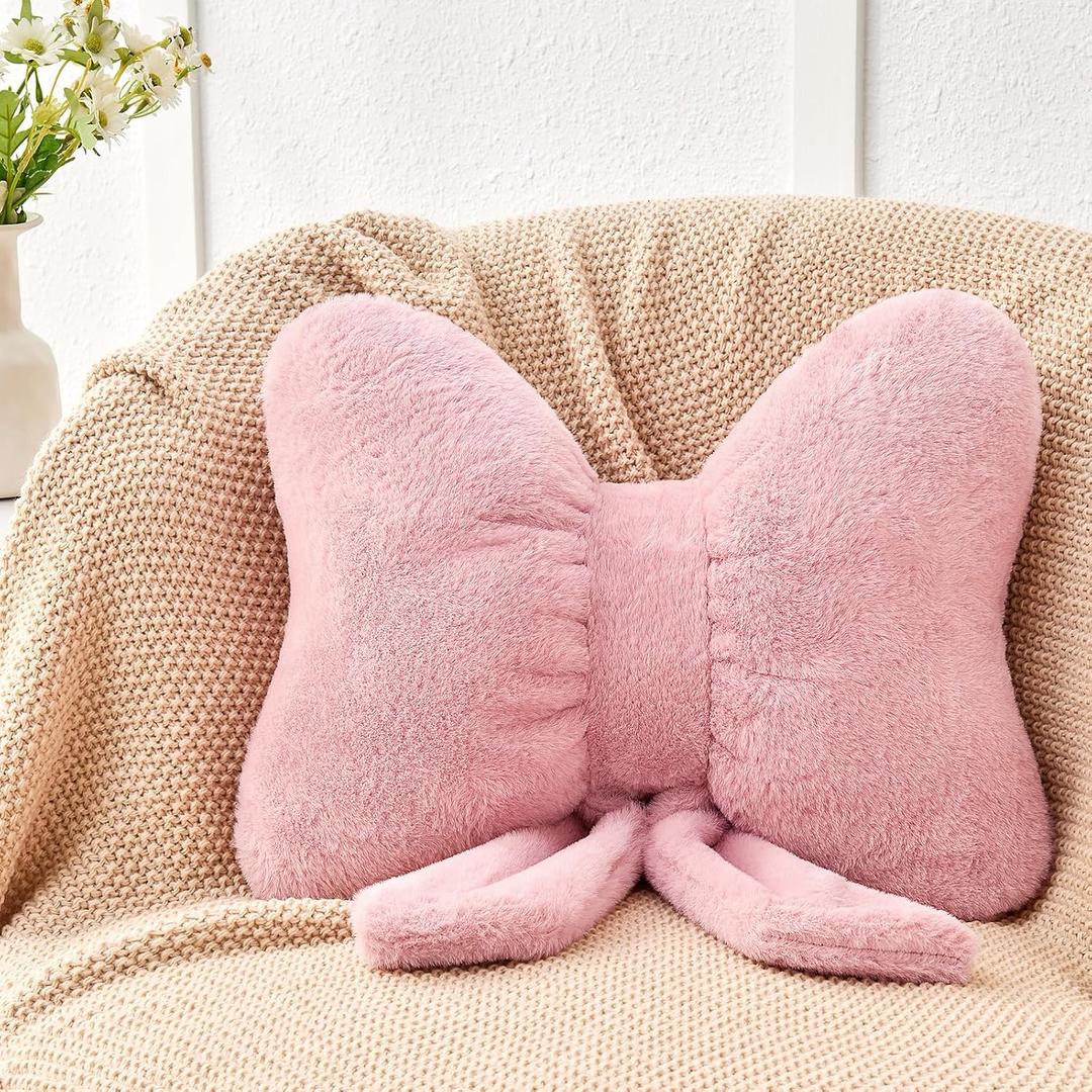 Dusty Pink Bow Pillow,16'' Bow Decorative Pillows with Faux Rabbit Fur,Soft Bow Throw Pillows Aesthetic Bow Shaped Pillow for Bed Sofa Couch Home Decor (Large-16 * 12 Inch)