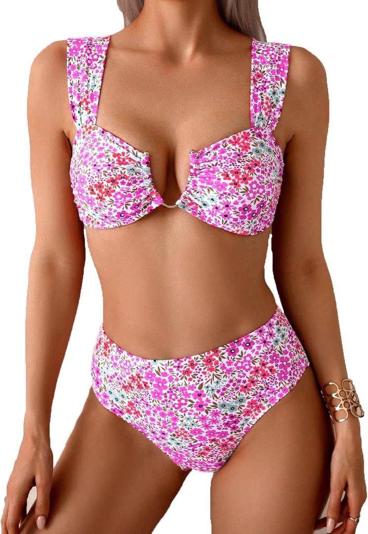 Fanuerg Women's High Waisted Bikini Sets Ditsy Floral Printed Two Piece Swimsuit Adjustable Strap Bathing Suit (Medium)