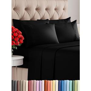 Queen 4 Piece Sheet Set - Cooling Sheets for Hot Sleepers - Hotel Luxury Bedding Set with 8-16 Inch Deep Pockets - 1 Flat & 1 Fitted & 2 Pillowcases - Ultra Soft, Easy Care and Wrinkle Free - Black