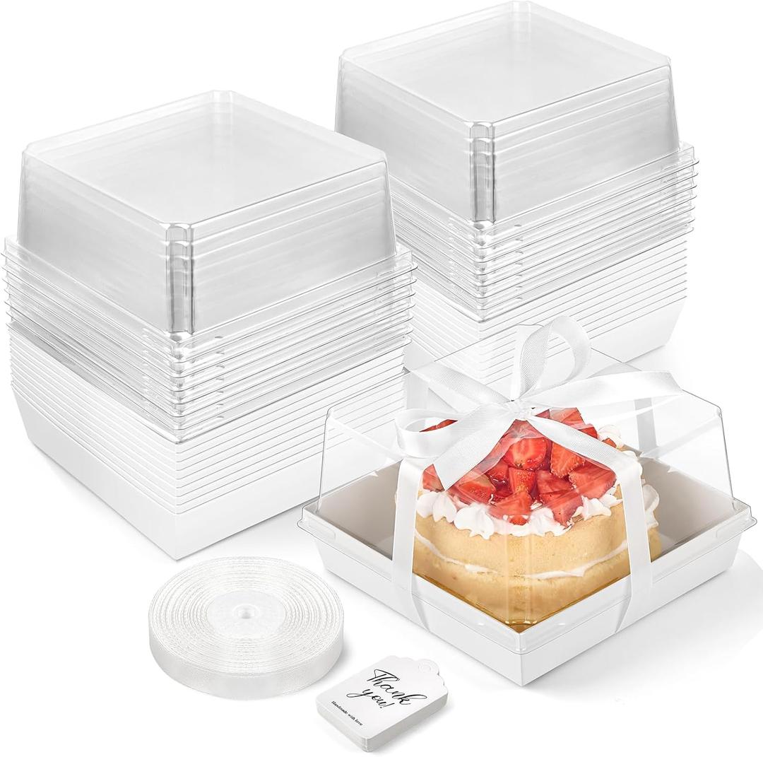 7 x 7 x 4 Inches Paper Cake Boxes with Clear Lids, 20 Pack Disposable Charcuterie Boxes Square Food Containers for 4-6 Inch Cake, Dessert, Pie, Cupcake, Bakery (White)