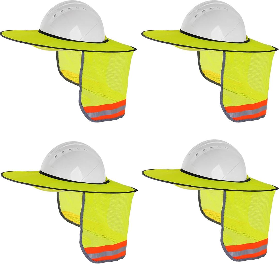 4 Pack Hard Hat Sun Shade - Full Brim Mesh Sun Shield with Reflective Strip Visor (Neon Yellow)