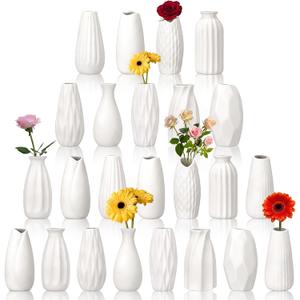 Yaomiao Set of 24 5'' White Ceramic Bud Vase Bulk Boho Rustic Small Flower Vase for Wedding Centerpieces Home Dining Table Decoration DIY Gift, 12 Styles 