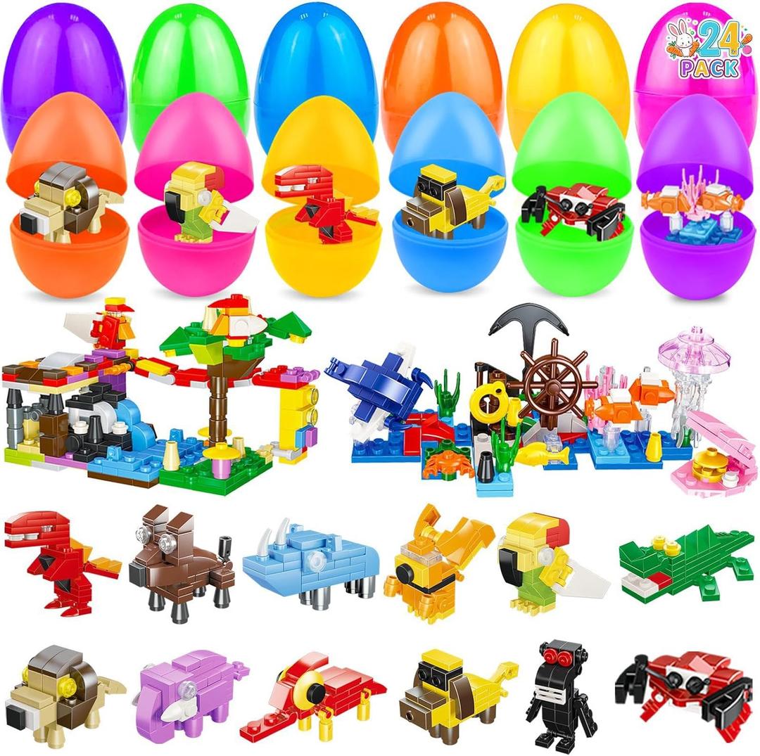 24 Pack Large Easter Eggs Filled with Stem Building Toys for Kids Easter Basket Essential 12 In 1 Sea Animals & Tropical Rainforest Building Blocks Basket Stuffers Fillers Boys Eggs Hunt Party Favor