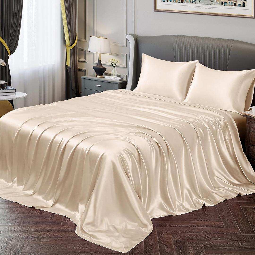Vonty Satin Sheets Full Silky Soft Satin Bed Sheets Beige Sheet Set, 1 Deep Pocket Fitted Sheet + 1 Flat Sheet + 2 Pillowcases