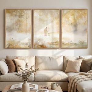 Large Framed Christian 3 Piece Wall Art, Jesus Leaves the 99 Sheep Canvas Prints, Neutral Gold Forest Misty Landscape, Modern Religious Artwork for Living Room Dining Room Office Wall Decor, 24x36 In, 24" W x 36" H x 3Pcs