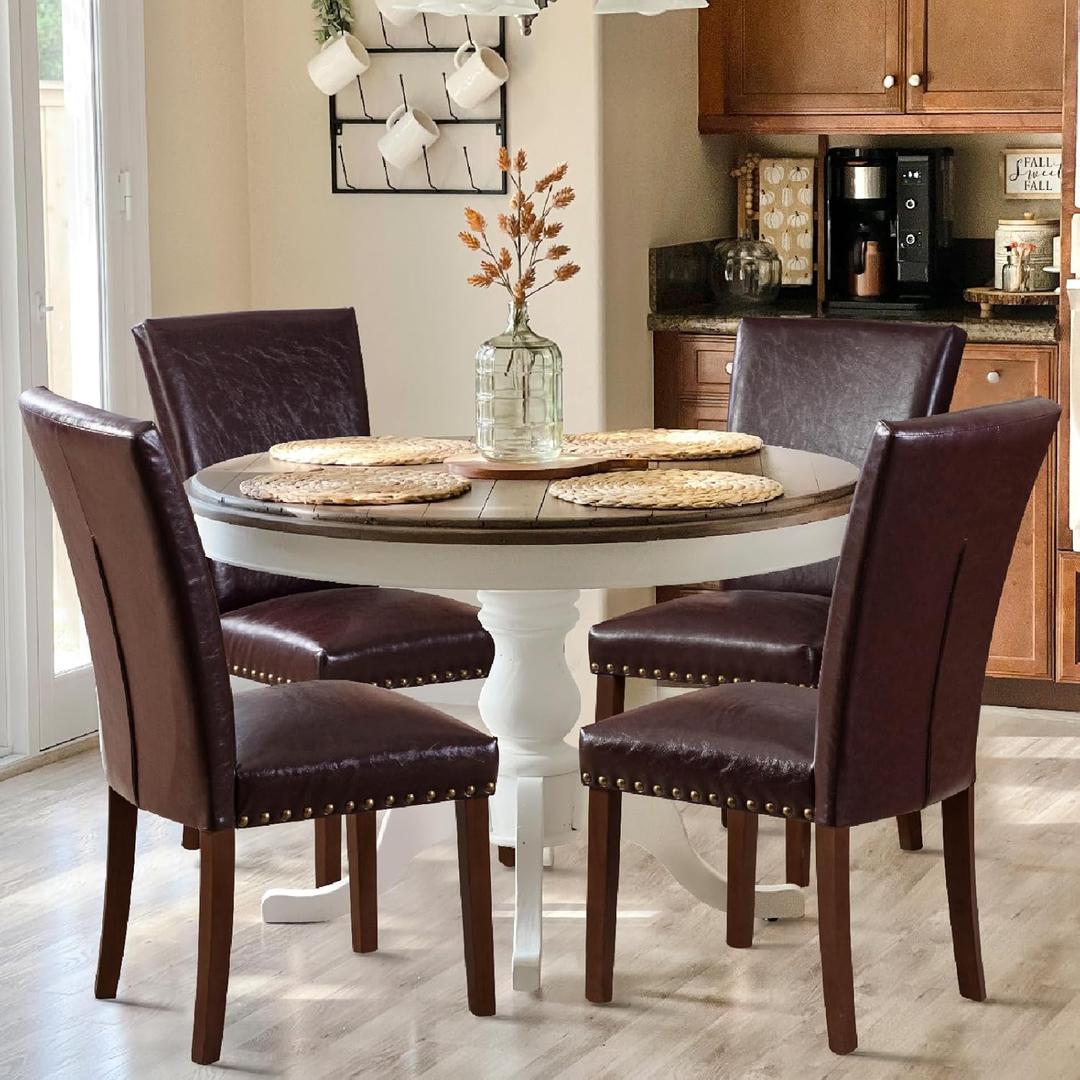 COLAMY Upholstered Parsons Dining Chairs Set of 4, PU Leather Dining Room Kitchen Side Chair with Nailhead Trim and Wood Legs - Dark Brown