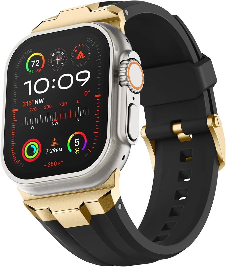 Suitisbest Sport Band for Apple Watch Ultra 2/Ultra Bands 49mm 46mm 45mm 44mm 42mm(Series 3), Wide Rugged 316L Stainless Steel Connector Durable Silicone Band for iWatch Ultra 11 10 9 8 7 6 5 4 3 SE (Gold - Black)