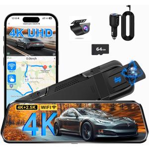 Mirror Dual Dash Camera for Car, Dashcam 4K Front 2.5K IMX335 Rear View/ADAS BSD LCA Wi-Fi&APP WDR Night Vision G-Sensor Loop Recording Parking Monitor 64GB Card