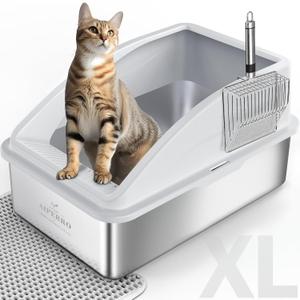 Stainless Steel Litter Box | XL Enclosed Cat Litter Boxes with Lid for Big Cats | High Sided, Anti-Urine Leakage | Non-Stick Bottom & Includes Litter Mat & Metal Scoop, Silver Grey, X-Large