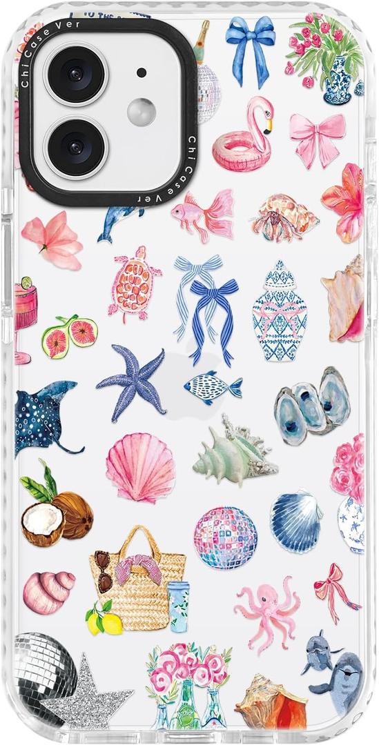 for iPhone 11 Case, Tropical Beach Collage Pattern with Shells & Flamingos, Military-Grade Drop Protection, Colorful Summery Soft Slim TPU Protective & Camera Protection for Women Girls (OceanCut)