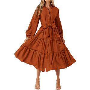 MASCOMODA Womens Dresses 2026 Fall Long Sleeve Midi Dress Casual V Neck Button Down Tiered Flowy Aline Tie Waist Shirt Dress (Red, XL)