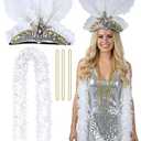 Vivrerizo Feather Headpiece Accessories Set, 5 Pcs White Carnival Costume Set with Beads Necklaces and Feather Boa, 1920s Flapper Accessories for Women Costume Masquerade Party