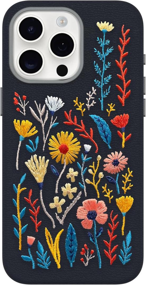 OtterBox iPhone 15 Pro Max Symmetry Series Cactus Leather Embroidery for MagSafe - Enchanted Garden Blue