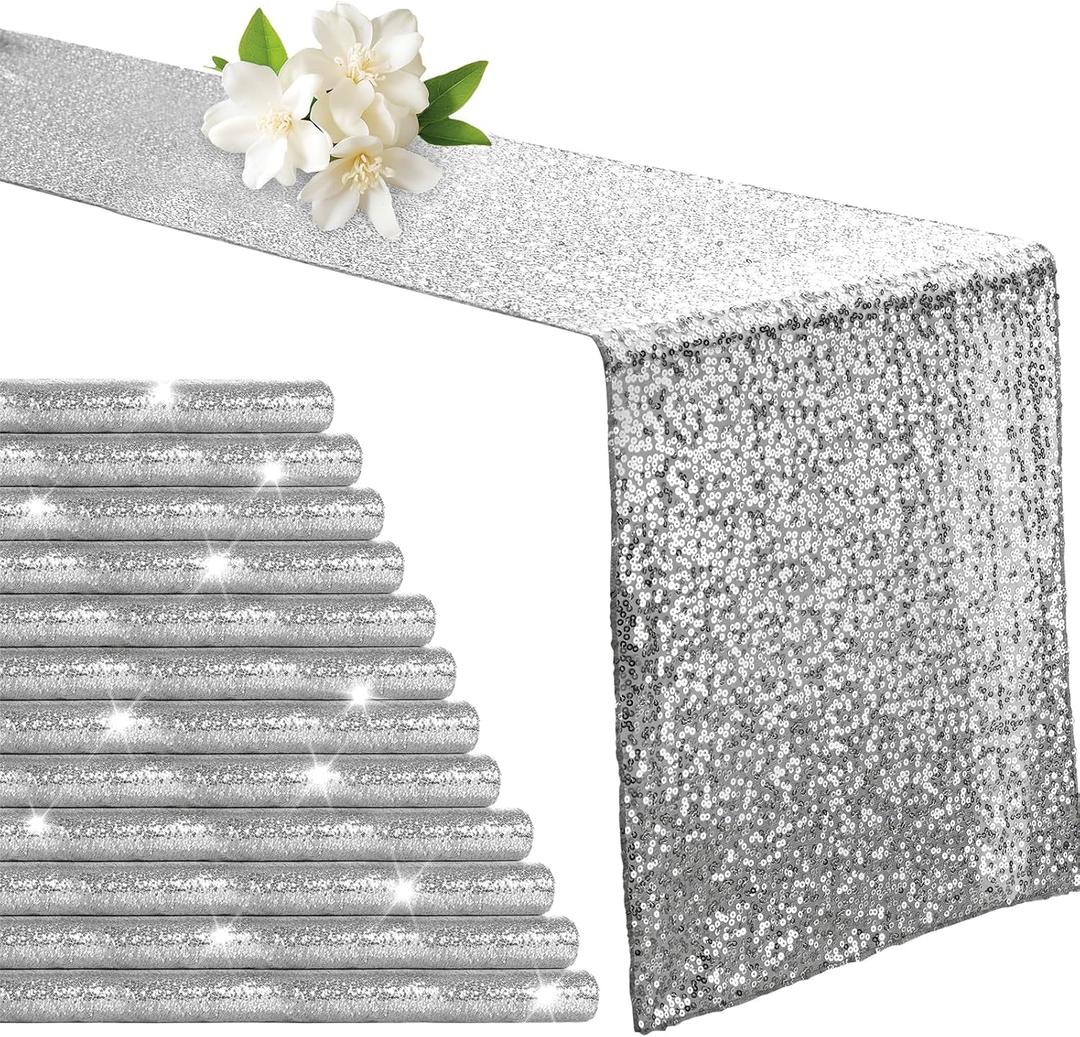 Aormenzy 12 Pack Silver Sequin Table Runner 12" x 72", Glitter Sparkle Sequin Runners for Birthday Party Wedding Banquet & Baby Shower, Party Table Decorations Supplies