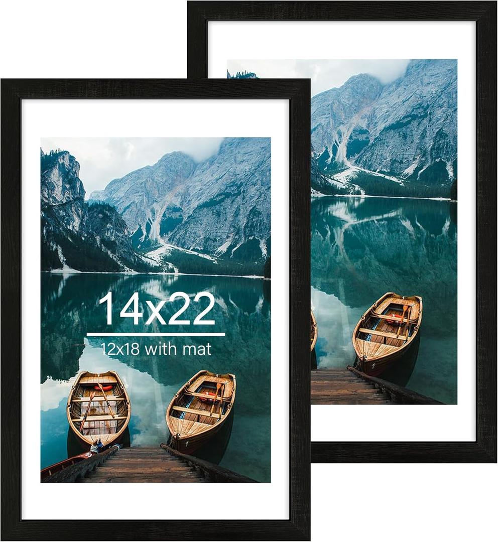 Hongkee 14x22 Picture Frame Set of 2, Rustic Black Wood Style - Display 14 x 22 Picture without Mat or 12x18 Picture with Mat, Wall Mounting Horizontal and Vertical