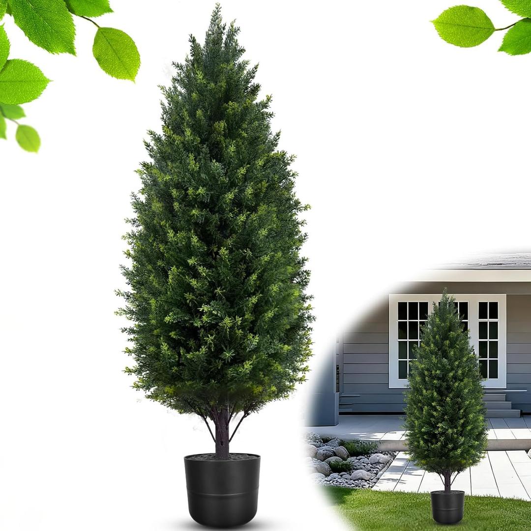3FT Artificial Topiary Trees Outdoor Faux Cedar Tree with Planter, Potted Realistic Fake Bushes Plants Artificial Cypress Trees Outside for Spring Indoor Home Offices Garden Decor