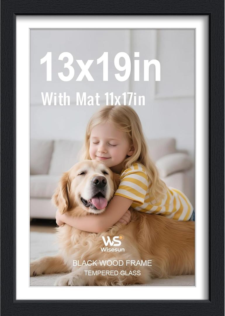 13x19 Black Picture Frame - Wood Frame with Tempered Glass, for Any Wall - Hang Horizontal or Vertical, 1 Pack
