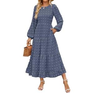 ZESICA Women's Fall Long Sleeve Maxi Dresses 2025 Crew Neck Swiss Dot Tiered Flowy A Line Casual Boho Party Dress Medium